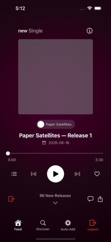 A chronological feed of new releases from followed artists, newest first, each with its cover and the day it came out.