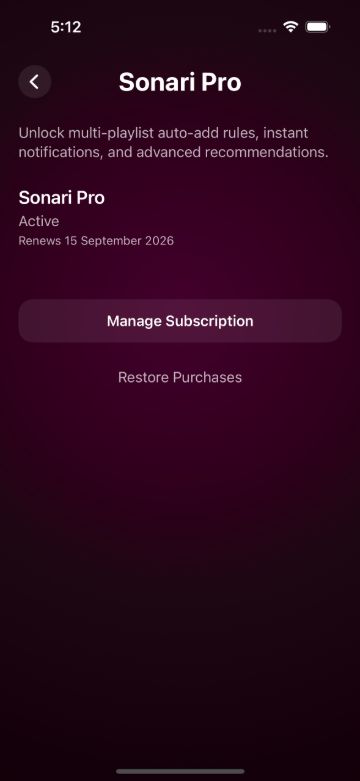 The Sonari Pro screen, showing subscription status, the renewal date, and a link to manage it.